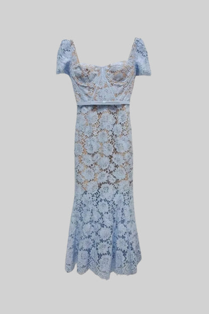Korte Mouwen Kanten Jurk met Delicate Tailleband – Blauw
