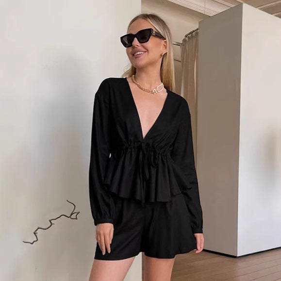 Dames Zomerset: Luchtige Tweedelige Set met V-Hals Top en Shorts