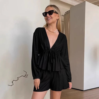 Dames Zomerset: Luchtige Tweedelige Set met V-Hals Top en Shorts