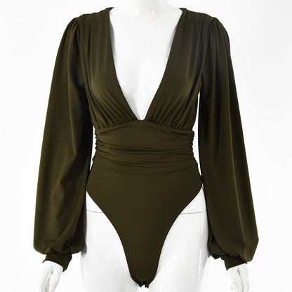 Dames Bodysuit Lange Mouwen Diepe V-hals Zwart Elegant