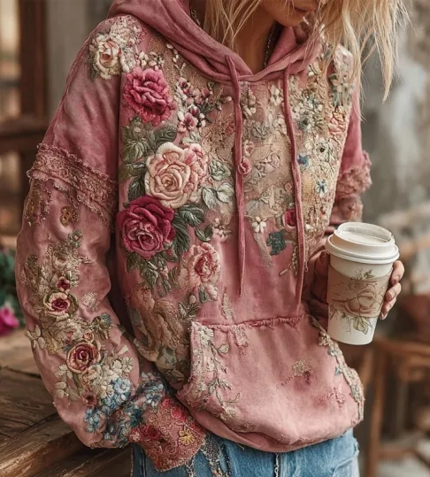 Dames Hoodie met Bloemen Print Vintage Stijl - Mode Vibes