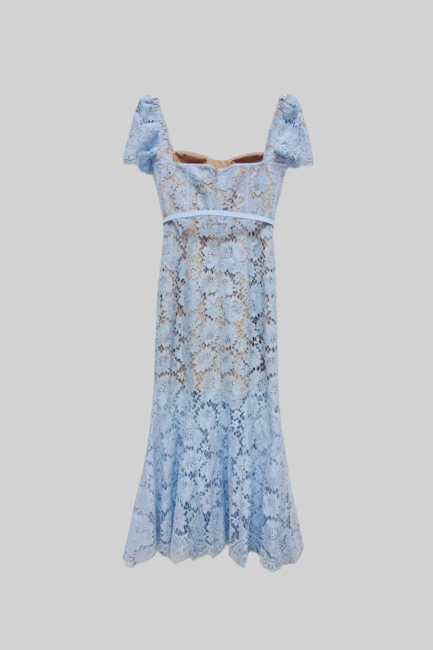 Korte Mouwen Kanten Jurk met Delicate Tailleband – Blauw