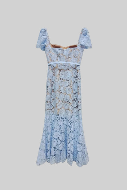 Korte Mouwen Kanten Jurk met Delicate Tailleband – Blauw