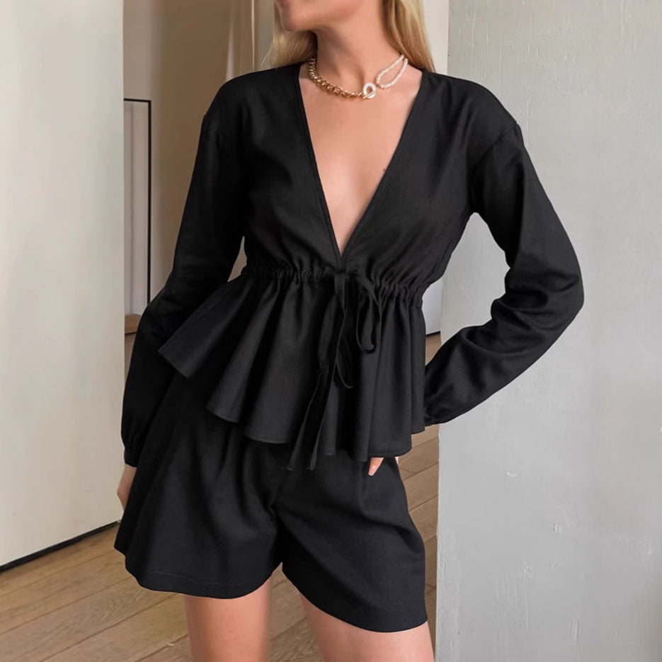 Dames Zomerset: Luchtige Tweedelige Set met V-Hals Top en Shorts