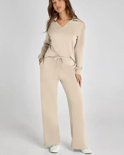 Dames Tweedelige Set met V-Hals Sweater en Wijde Broek – Comfort voor Herfst & Winter
