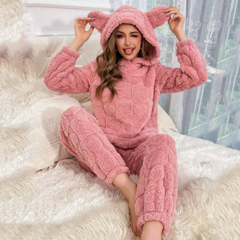 Dames Teddy Pyjama Set Zacht met Oortjes en Hartjes