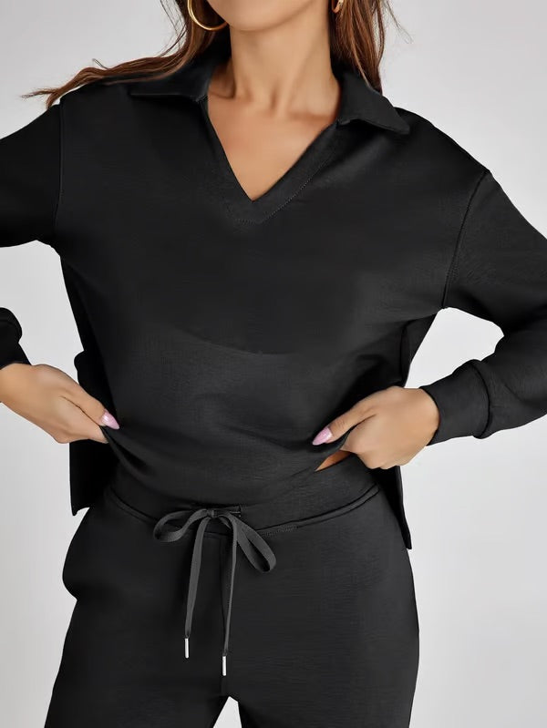 Dames Tweedelige Set met V-Hals Sweatshirt en Wijde Broek – Comfortabel & Stijlvol – Voor Herfst/Winter