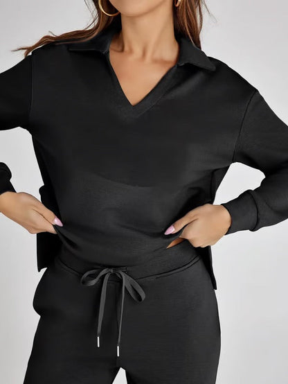 Dames Tweedelige Set met V-Hals Sweatshirt en Wijde Broek – Comfortabel & Stijlvol – Voor Herfst/Winter