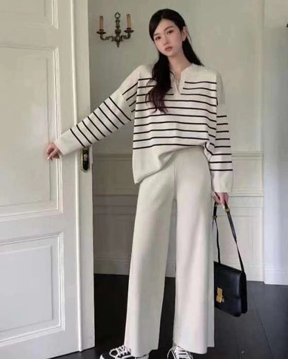 Dames Tweedelige Set Gebreid met Broek en Top Streepjes