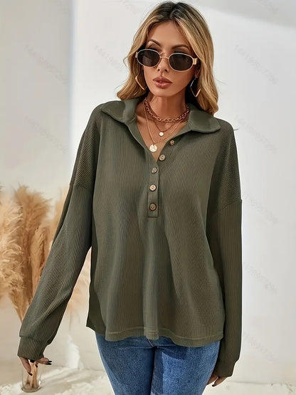 Vrouwelijke Blouse met Knoopsluiting en Geribde Stof