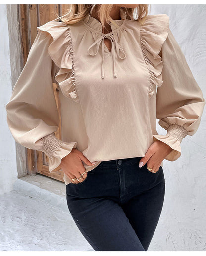 Dames Blouse Beige met Ruches Stijlvol Romantisch