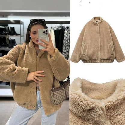 Dames Fleece Bomber Jacket Stijlvol Met Opstaande Kraag