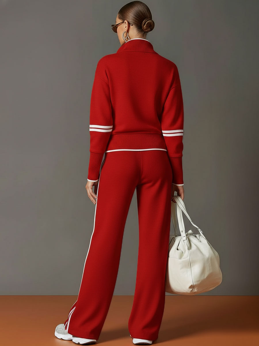 Dames Retro Sportieve Set met Half-Rits Sweater en Wijde Broek
