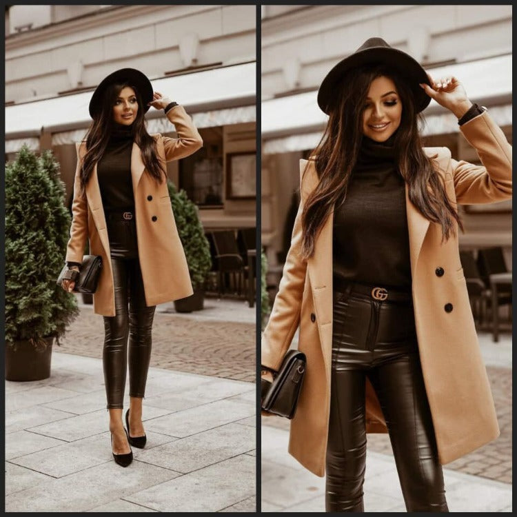Dames Lange Jas Reverskraag Stijlvol Elegante Wintercoat