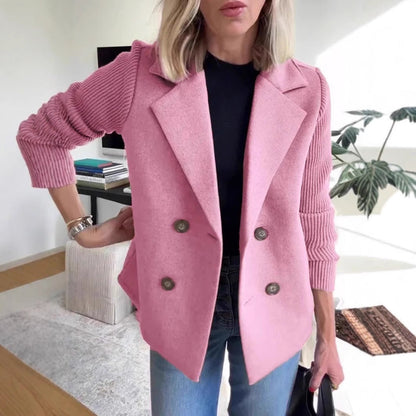 Dames Blazer Wollen Look Gebruik met Gebreide Mouwen en Dubbele Knoop