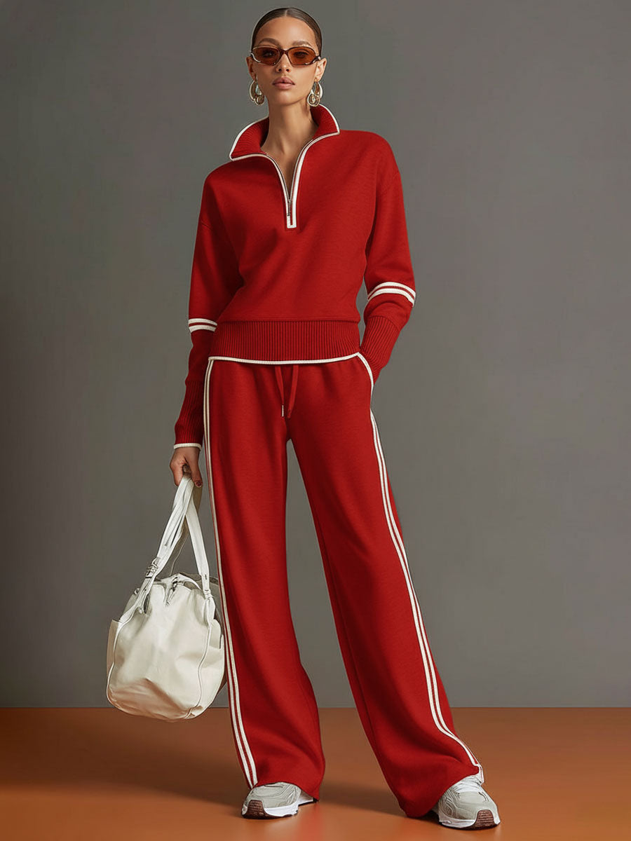 Dames Retro Sportieve Set met Half-Rits Sweater en Wijde Broek