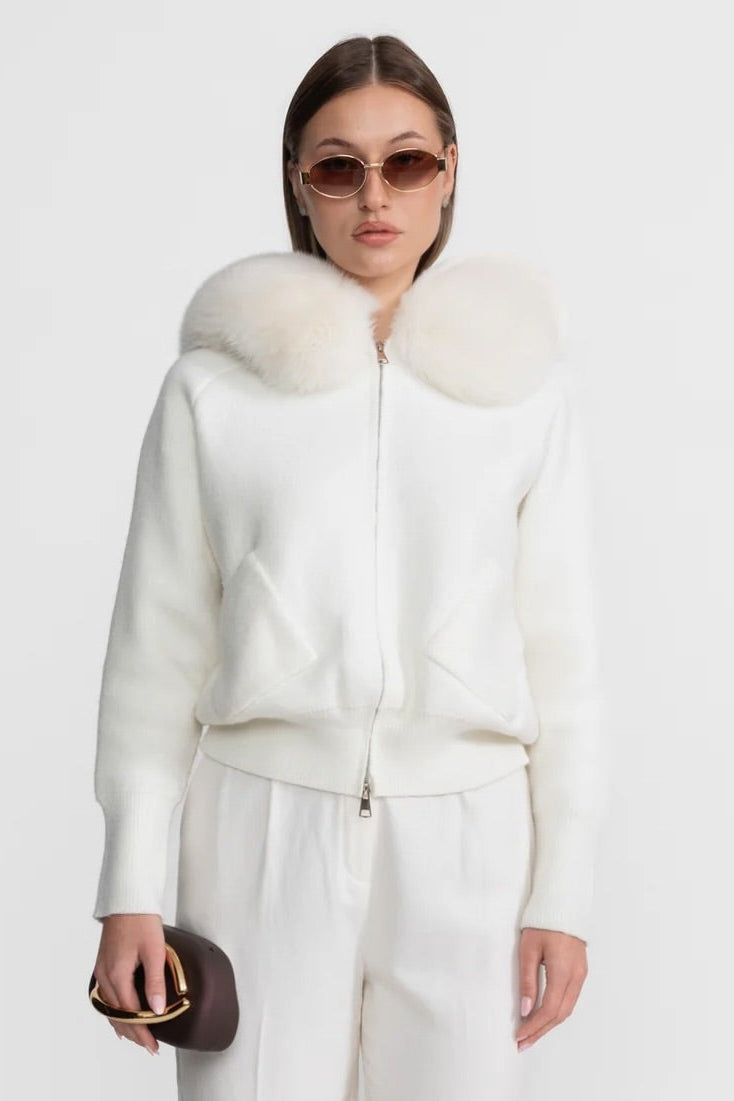 Dames Wollen Hoodie met Rits en Bontkraag – Ivoor