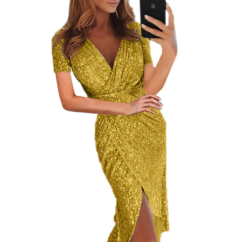 Gele slanke lichtgewicht glitterjurk