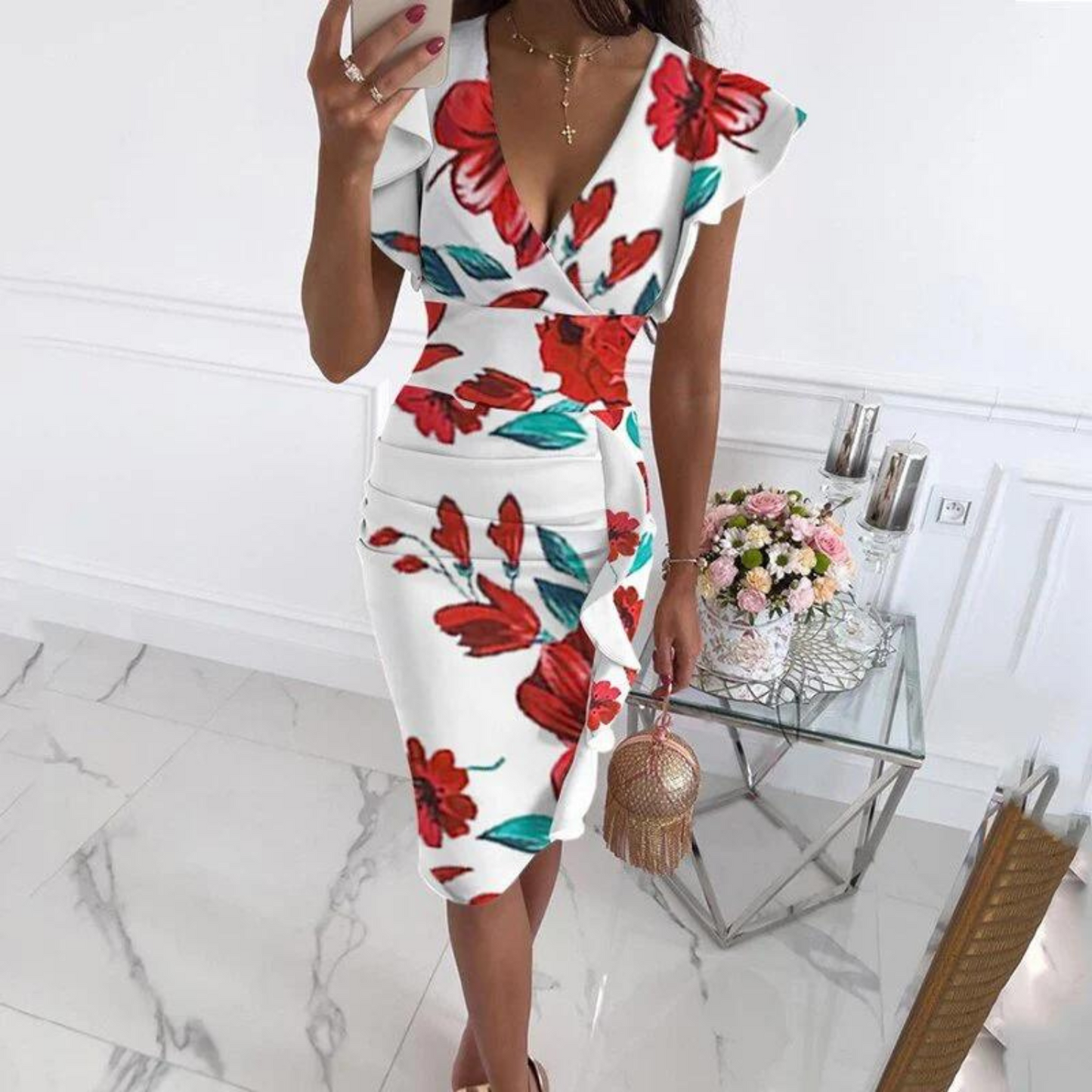 V-Hals Jurk met Plooimouwen en Elegante Stijl