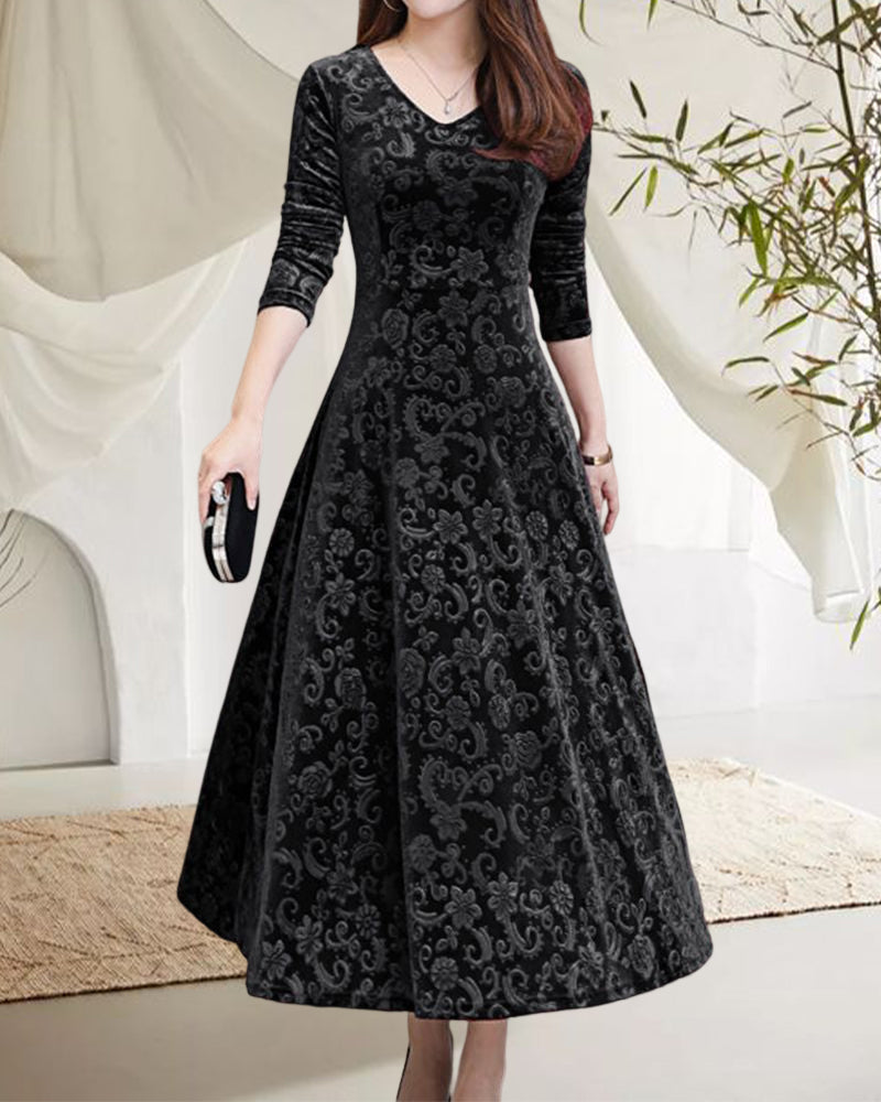 Fluwelen Midi Jurk Lange Mouwen Elegante Vrouwelijke Stijl