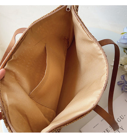 Leren Tote Tas Riet Geweven Zomerse Shopper
