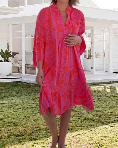 Boho Jurk Driekwart Mouwen Geometrische Print Zomerjurk
