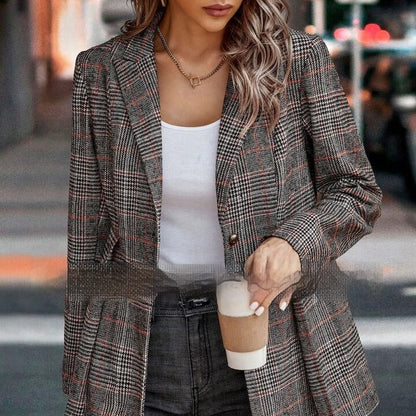 Dames Blazer Geruit Vintage Stijl Elegante Look