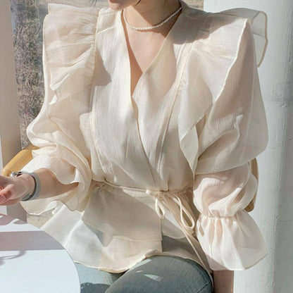 Dames Blouse met Strikceintuur en Overslag Henna Rood