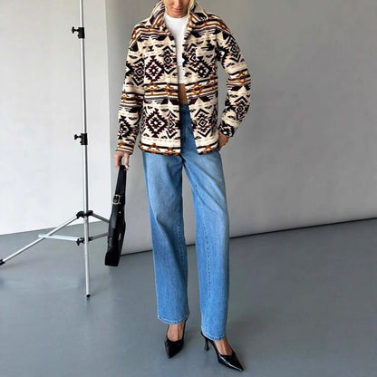 Dames Fleece Jas Etnische Print Trendy Warm