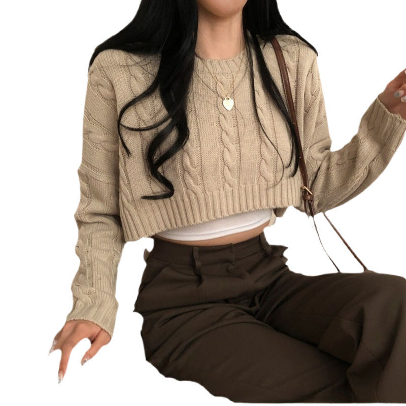 Dames Trui Cropped Kabelpatroon Ronde Hals Trendy