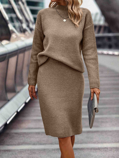Dames Gebreide Set Rok en Trui Hoge Hals Stijlvol
