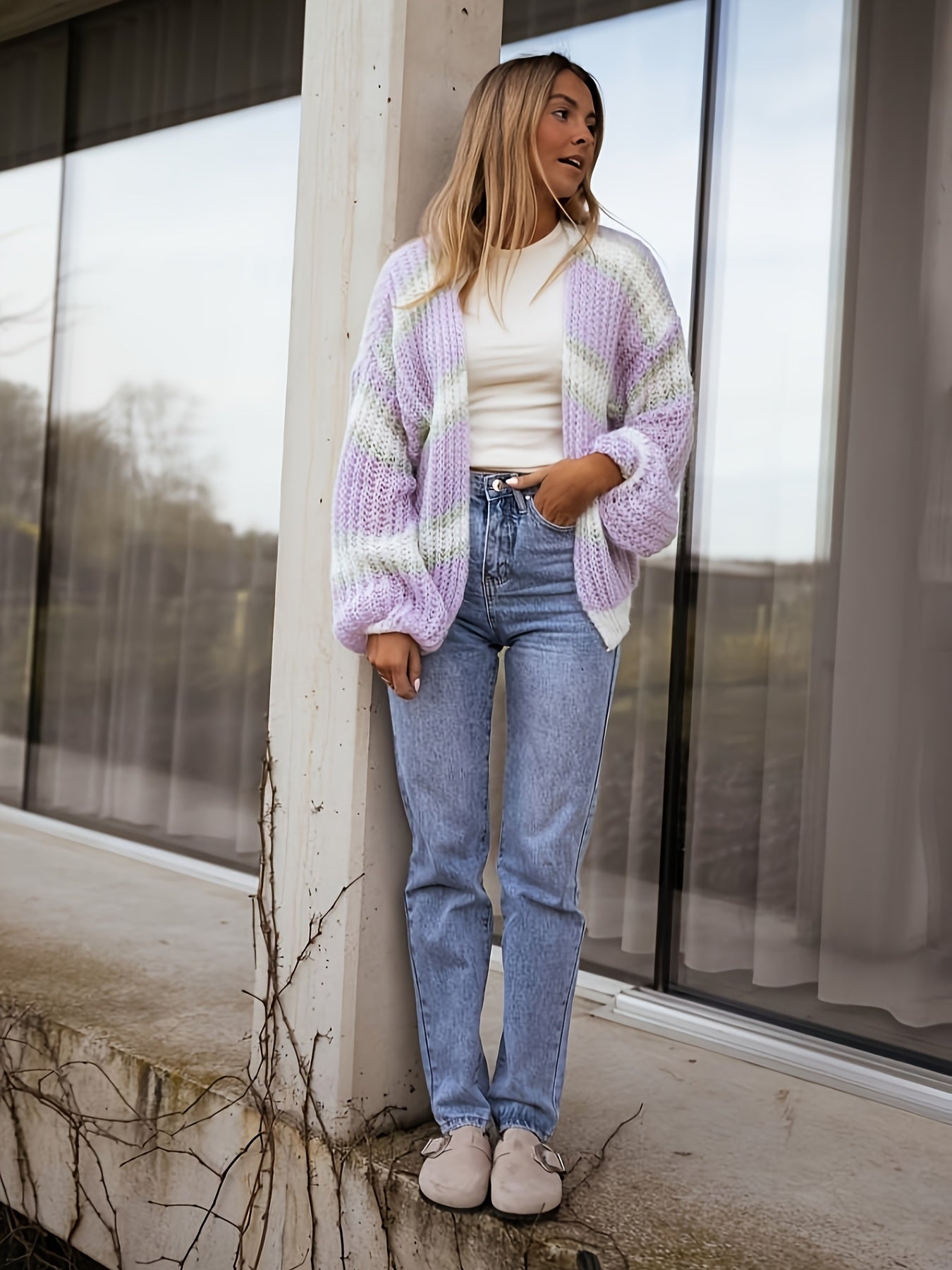 Dames Cardigan Gestreept Met Lanternmouwen Comfortabele Pasvorm