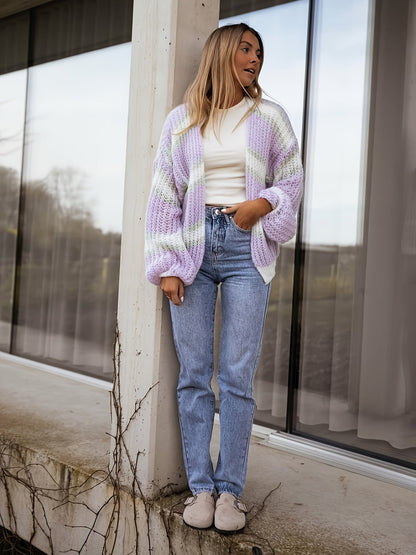 Dames Cardigan Gestreept Met Lanternmouwen Comfortabele Pasvorm