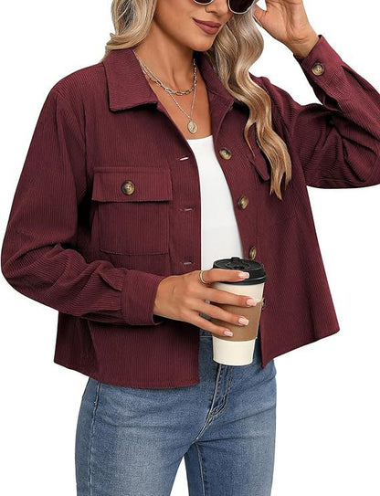 Korte Dames Corduroy Jas Trendy Bruin
