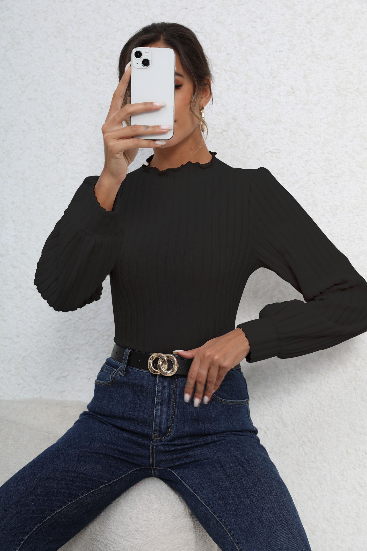 Dames Body Top met Pofmouwen en Geribde Pasvorm