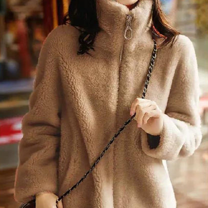 Dames Faux Fur Jas met Opstaande Kraag en Rits