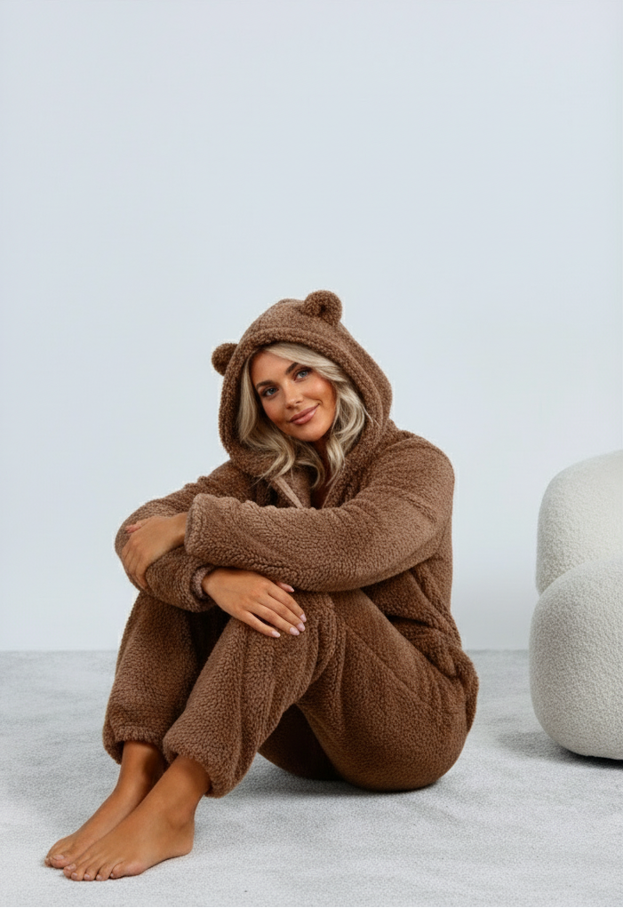 Dames Teddy Onesie met Beren Oortjes Zacht en Comfortabel