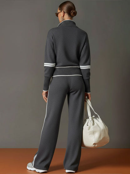 Dames Retro Sportieve Set met Half-Rits Sweater en Wijde Broek