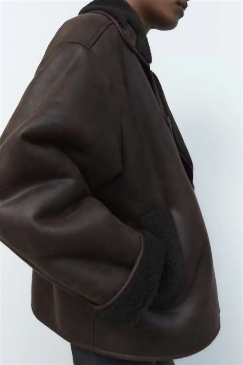 Dames Faux Leren Pilotenjas Oversized met Teddy Voering en Zakken