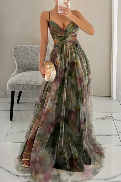 Zomerjurk Bloemenprint Maxi Jurk Diepe Halslijn Vrouwen