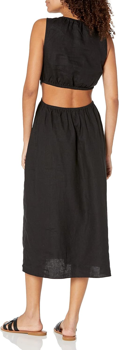 GlamourVrouw Sade Linnen Cutout Midi Jurk voor Stijlbewuste Vrouwen
