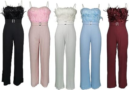 Luxe Jumpsuit met Veren Accent en Lange Mouwen