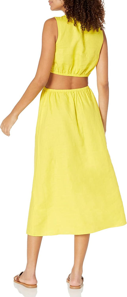 GlamourVrouw Sade Linnen Cutout Midi Jurk voor Stijlbewuste Vrouwen
