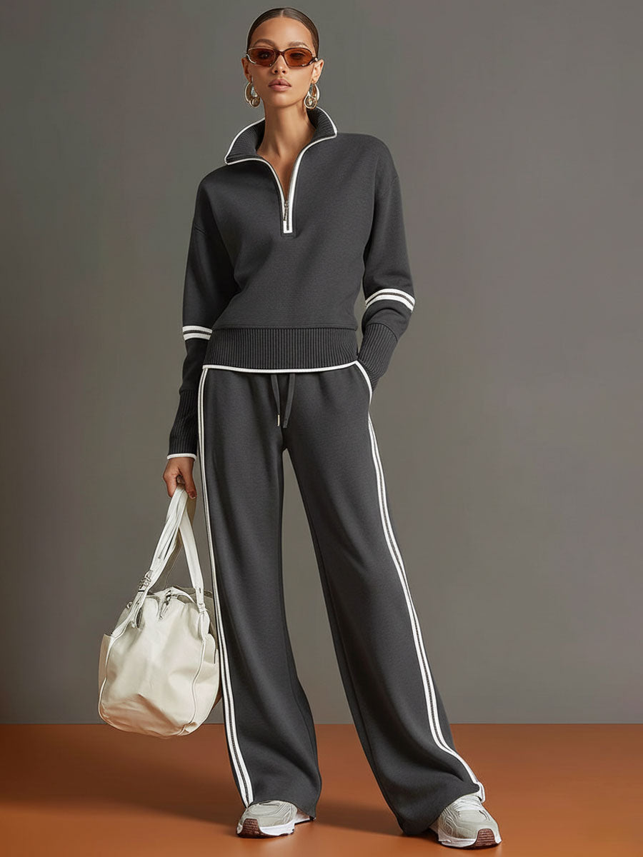 Dames Retro Sportieve Set met Half-Rits Sweater en Wijde Broek