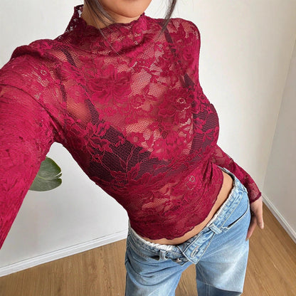 Dames Top met Lange Mouwen Kanten Detail Slim Fit