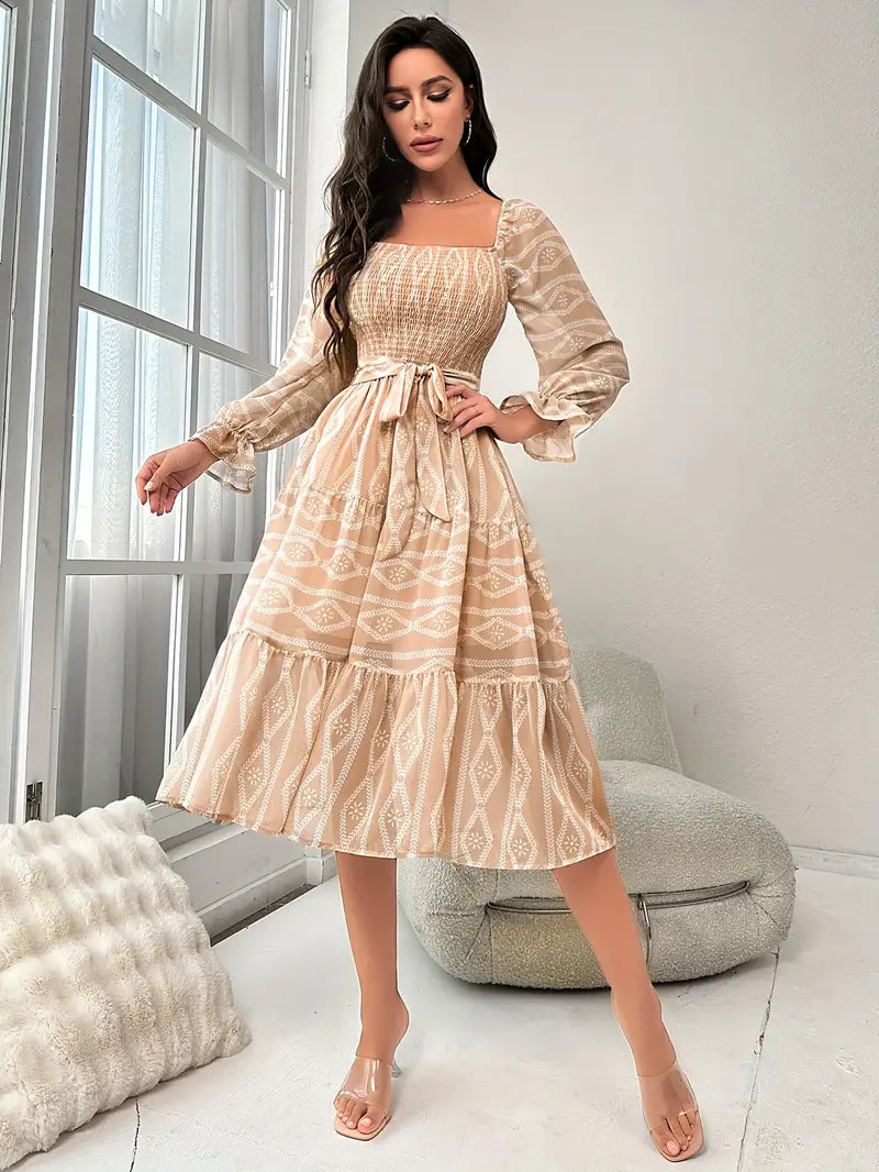 Elegante Jurk met Lange Mouwen en Ruches Argyle Print - Mode Vibes