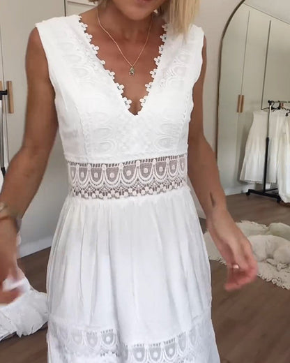 Zomerjurk Midi Luchtig met Kant en V-hals voor Vrouw