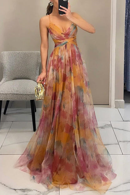 Zomerjurk Bloemenprint Maxi Jurk Diepe Halslijn Vrouwen