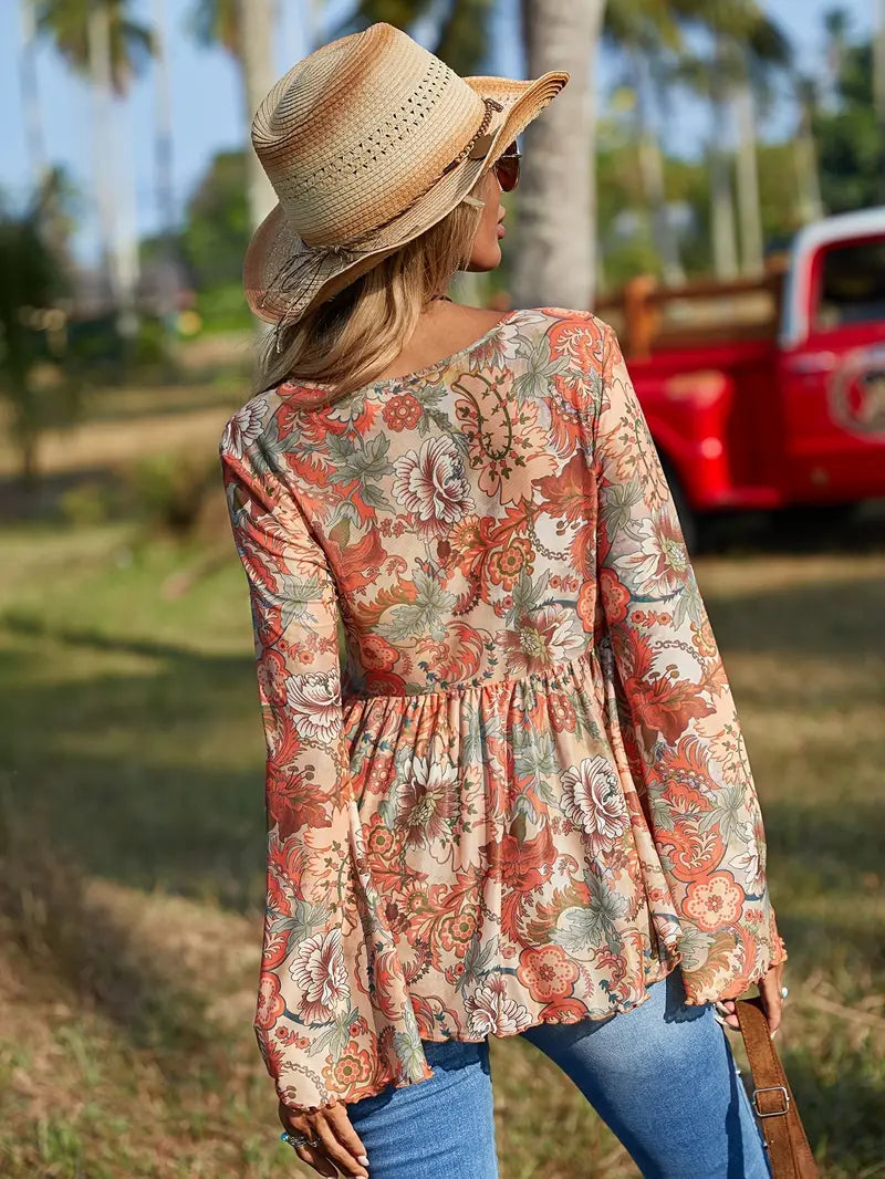 Vrouwen Top met V-hals en Bloemenprint
