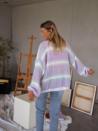 Dames Cardigan Gestreept Met Lanternmouwen Comfortabele Pasvorm